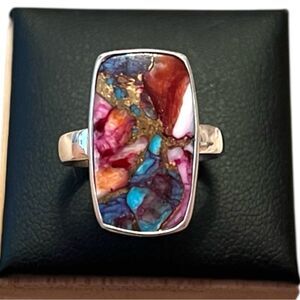 925 Sterling Silver Pink Dahlia Blue Turquoise Copper Inlaid Ring Size 7